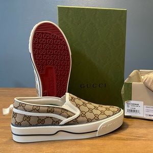 Gucci Beige and Red Slip-On Sneakers